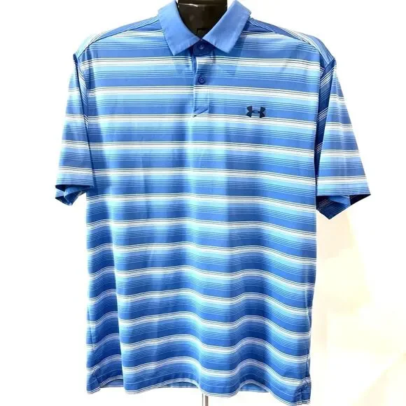 Under Armour Striped Polo Shirt Blue HeatGear Golf Collared - Size Large - Picture 2 of 7